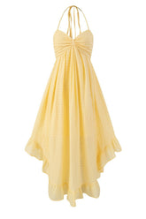 Yellow Halter Ruched Long Summer Dress