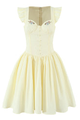Yellow Cap Sleeve Flower Embroidery Ruched Dress