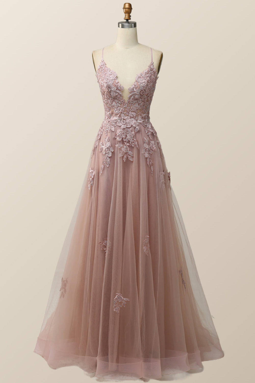 Sage Green V Neck Appliques Long Formal Dress